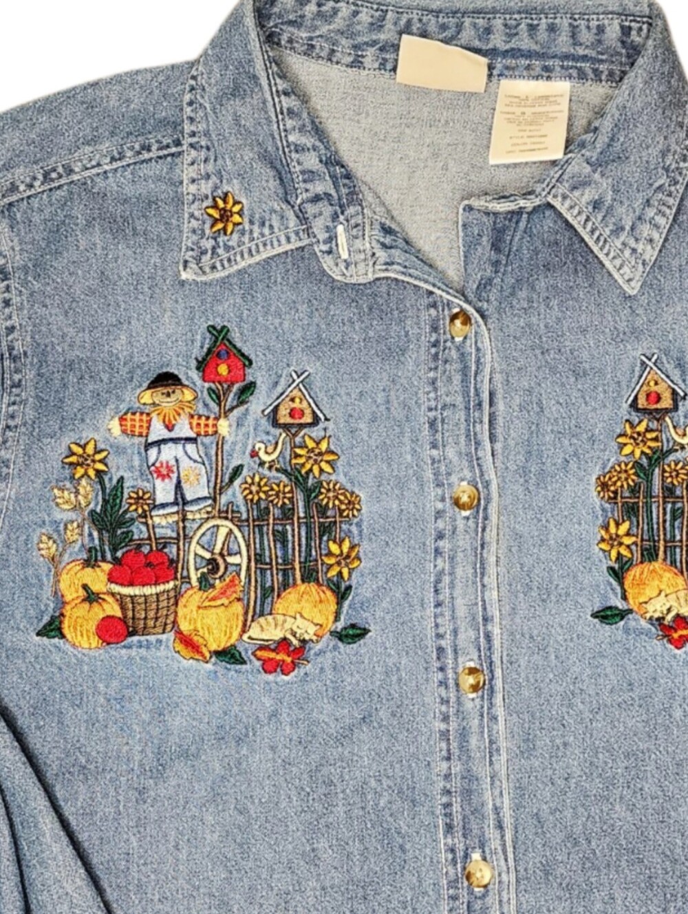 Vintage Bobby Brooks Fall Button Down Denim Shirt Embroidered Pumpkin Patch